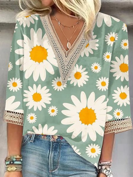 

Notched Half Sleeve Daisy Lace Edge Regular Loose Blouse For Women, Green, Blouses