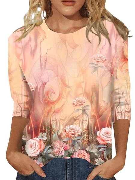 

Casual Ethnic Crew Neck Three Quarter Sleeve T-shirt, Orange red, T-shirts