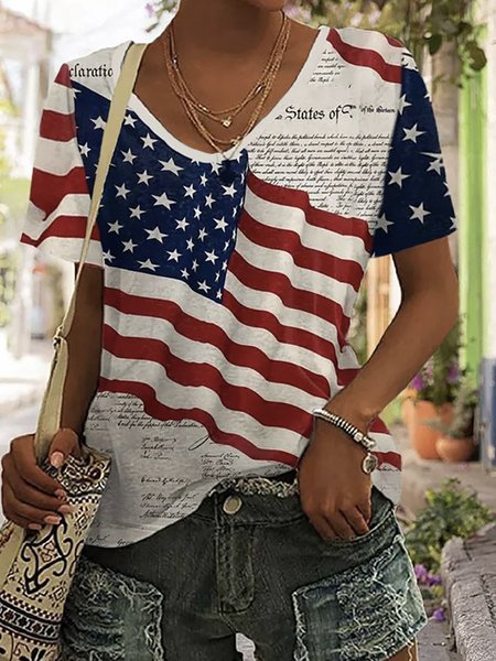 

Women's Short Sleeve Tee T-shirt Summer America Flag V Neck Holiday Going Out Casual Top White, T-Shirts