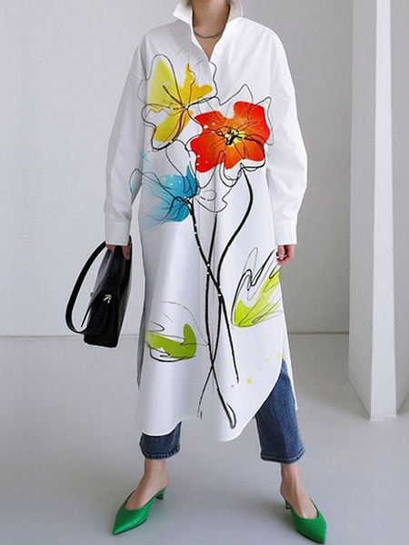 

Loose Regular Sleeve Casual Floral Shirt Collar Long Sleeve Mid-long Shirt, White, Blouses and Shirts