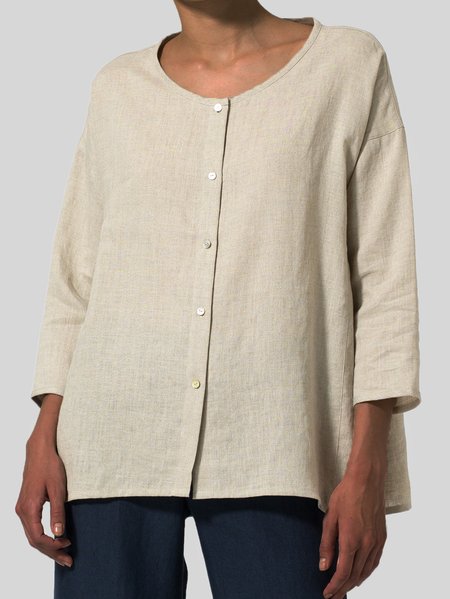 

Cotton And Linen Crew Neck Casual Loose Shirt, Khaki, Blouses & Shirts