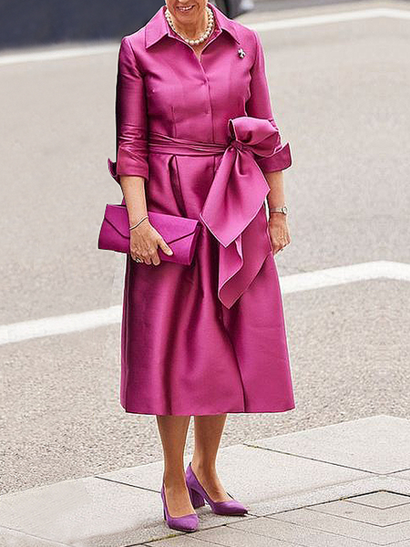 

Regular Sleeve Regular Fit Shirt Collar Three Quarter Sleeve Elegant Dress With Belt, Rose red, Midi Dresses