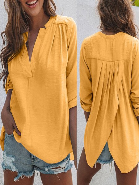 

Shirt Collar Long Sleeve Plain Regular Loose Blouse For Women, Yellow, Blouses