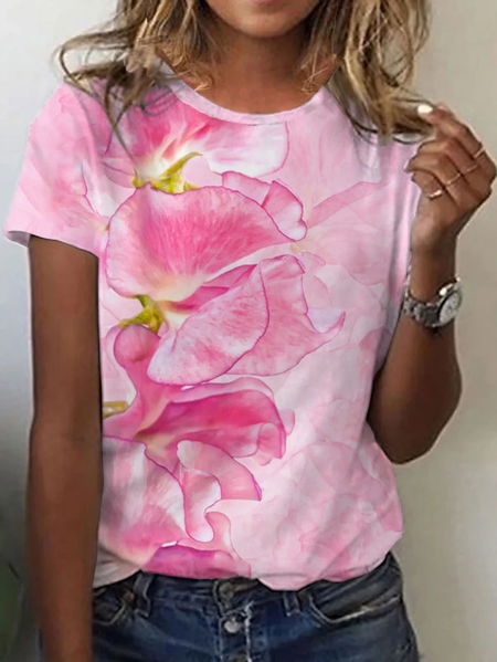 

Casual Floral Crew Neck Short Sleeve T-shirt, Pink, T-shirts