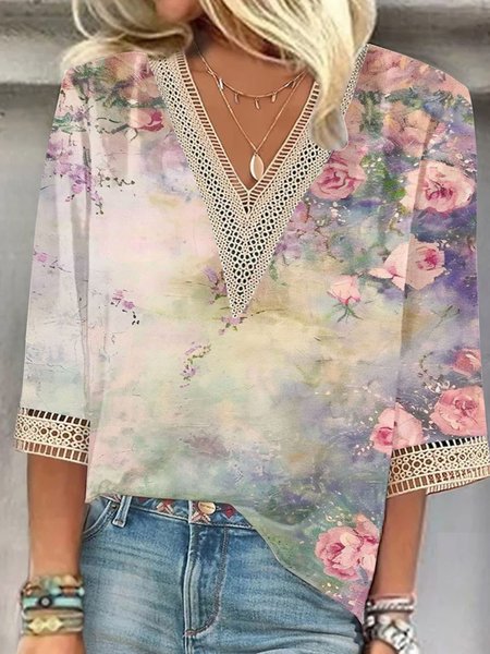 

V Neck Half Sleeve Floral Lace Regular Loose Blouse For Women, Flower, Blouses