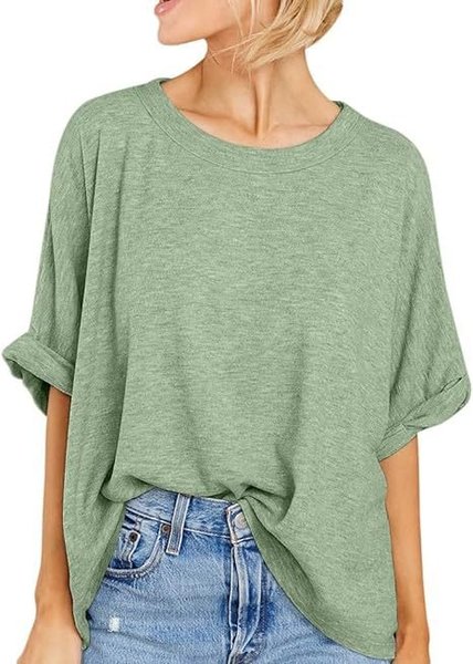 

Casual Plain Crew Neck Half Sleeve T-shirt, Pea green, T-shirts
