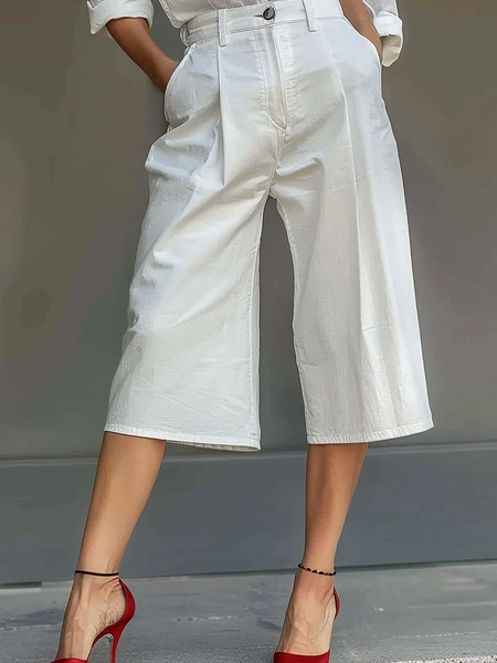 

Loose Pocket Stitching Urban Plain Pants Fifth Pants, White, Pants