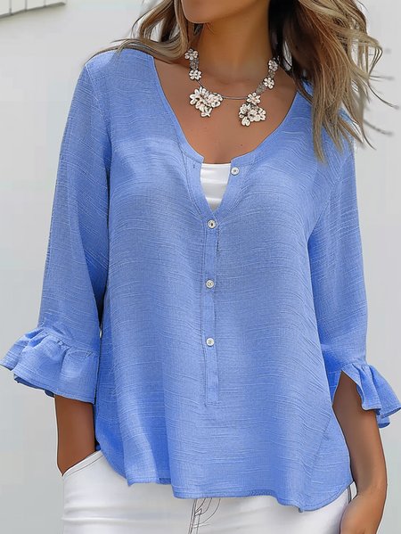 Women's Three Quarter Sleeve Blouse Spring Fall Light Blue Plain Buckle Notched Bell Sleeve Daily Going Out Casual Top