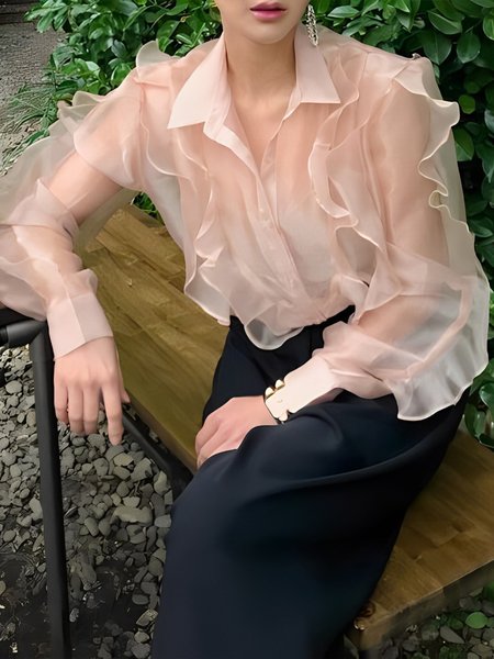 

Elegant Plain Regular Fit Peplum Long Sleeve Shirt, Light pink, Blouses and Shirts