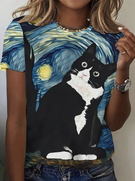 

Casual Cat Crew Neck Short Sleeve T-shirt, Blue, T-shirts