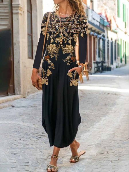 

Women Nationality/ethnic Crew Neck Long Sleeve Comfy Casual Pocket Stitching Maxi Dress, Black, Maxi
