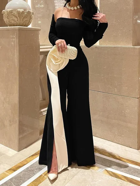 

Side-Slit Off Shoulder Sleeve Elegant Color Block Jumpsuit, Black-white, Jumpsuits