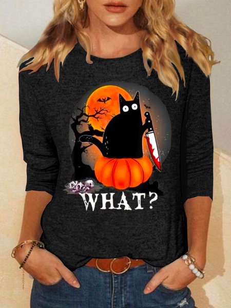 

Casual Cat Crew Neck Long Sleeve T-shirt, Black, T-shirts