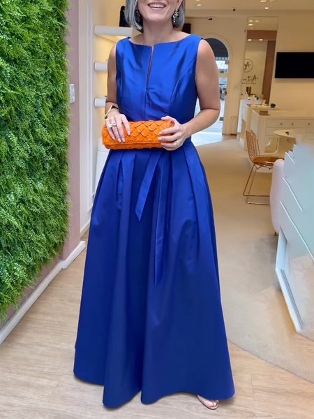 

Elegant Notched Regular Fit Sleeveless Plain Party Maxi Dress, Blue, Maxi Dresses