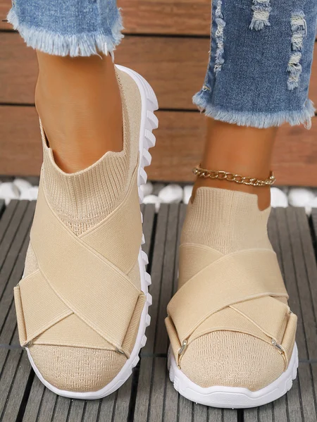 

Mesh Fabric Plain Casual Flyknit Sneakers, Apricot, Sneakers