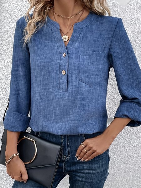 

Women's Long Sleeve Blouse Spring/Fall Plain Buckle Notched Daily Going Out Casual Top Navyblue, Blouses