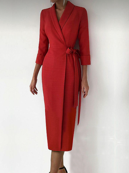 

Regular Sleeve Elegant Lapel Collar Three Quarter Sleeve Regular Fit Midi Dress, Red, Midi Dresses