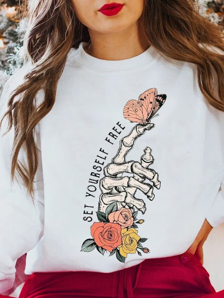 

Set Yourself Free Encourage Slogan And Skeleton Hand Cotton Sweatshirt, White, Sweatshirts & Hoodies