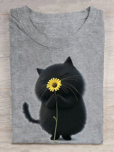 

Casual Cat Crew Neck Short Sleeve T-shirt, Gray, T-shirts