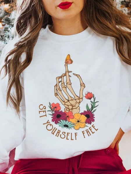 

Set Yourself Free Encourage Slogan Skeleton Hand Cotton Sweatshirt, White, Sweatshirts & Hoodies