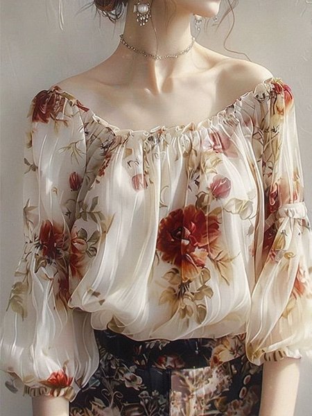 Balloon Sleeve Urban Crew Neck Printing Blouse, As picture, Blouses and Shirts