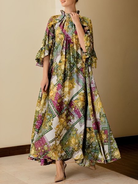 Ruffle Sleeve Pocket Stitching Loose Ethnic Patterns Elegant Dress, As picture, Maxi Dresses