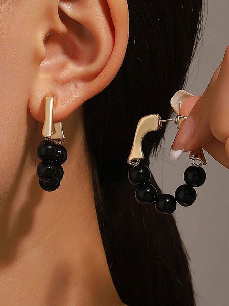 

1pair Elegant Beaded Hoop Earrings, Black, Earrings
