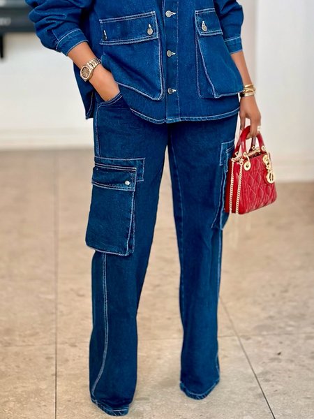 

Denim Casual High Waist Wide Pockets Wide leg Jeans, Blue, Jeans