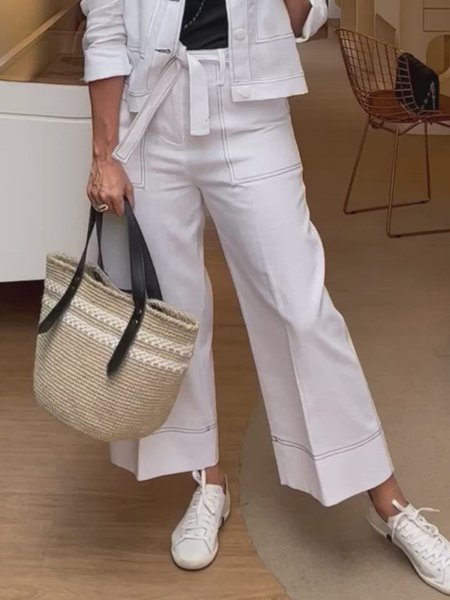 

Casual Regular Fit Plain Pocket Stitching Pants With Belt, White, Pants
