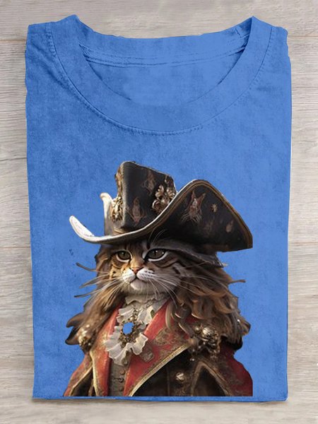 

Casual Cat Crew Neck Short Sleeve T-shirt, Blue, T-shirts