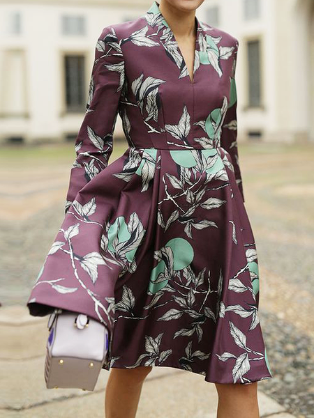 

Regular Fit Elegant Floral Regular Sleeve Long Sleeve V Neck Mini Dress, As picture, Midi Dresses