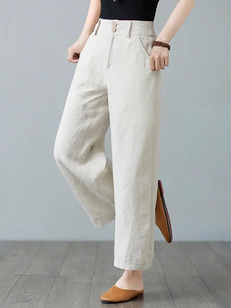 Casual Plain Long Pant, Beige, Pants