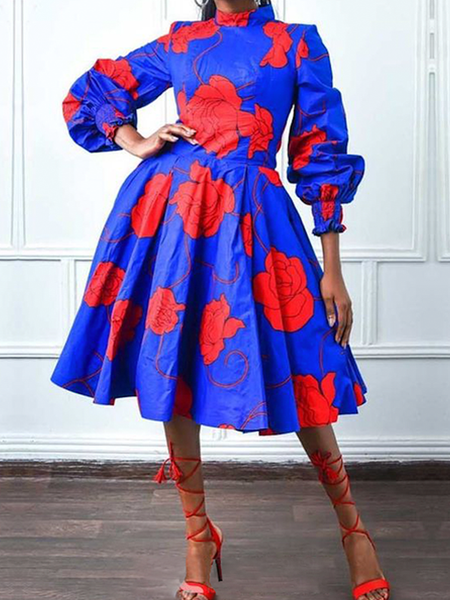 

Regular Fit Regular Sleeve Stand Collar Long Sleeve Floral Elegant Midi Dress, As picture, Midi Dresses