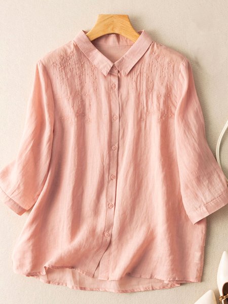 

Shirt Collar Long Sleeve Plain Regular Loose Blouse For Women, Pink, Blouses