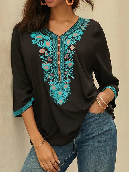 

V Neck Three Quarter Sleeve Floral Regular Micro-Elasticity Loose Blouse For Women, Black, Blouses