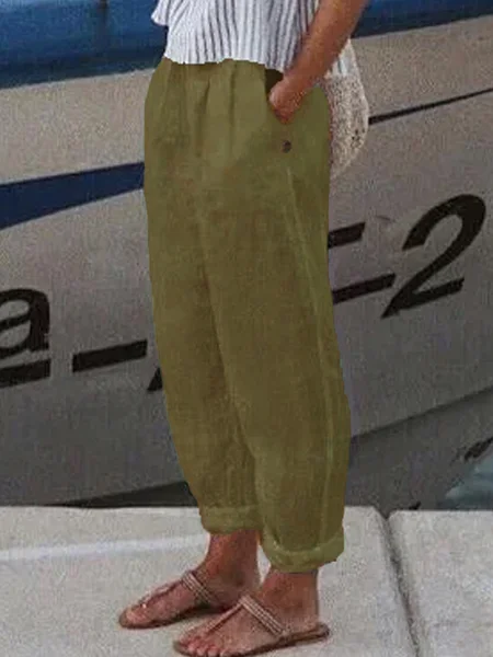 Women's Casual Daily Plain Cotton Turnip Pants, Green, Pants