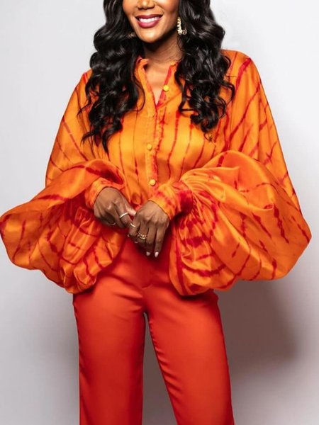 

Balloon Sleeve Elegant Printing Striped Loosen Shirt, Orange, Blouses and Shirts
