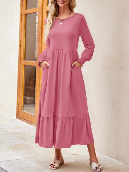 

Women Plain Crew Neck Long Sleeve Comfy Casual Maxi Dress, Pink, Dresses