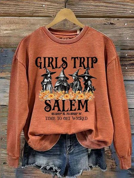 

Halloween Witch Girls Trip Print Casual Cotton Crew Neck Figure Sweatshirt, Orange red, Hoodies & Sweatshirts