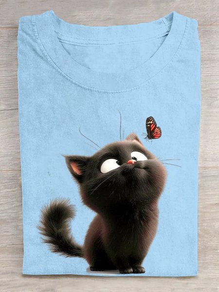 Casual Cat Crew Neck Short Sleeve T-shirt, Light blue, T-shirts