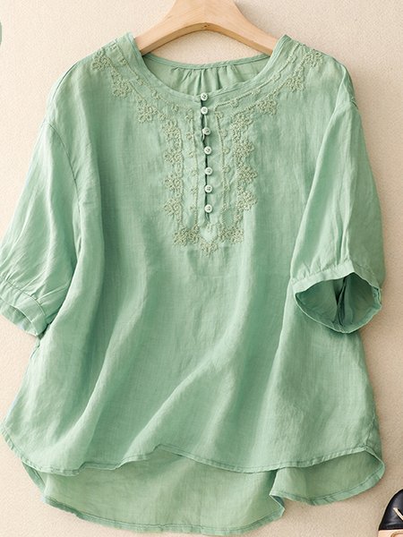 

Shirt Collar Casual Cotton And Linen Blouse, Lightgreen, Blouses & Shirts