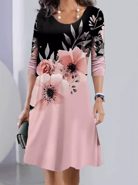 

Women's Long Sleeve Spring/Fall Floral Dress Crew Neck Daily Going Out Casual Midi A-Line Mock Two-Piece, Pink, Dresses