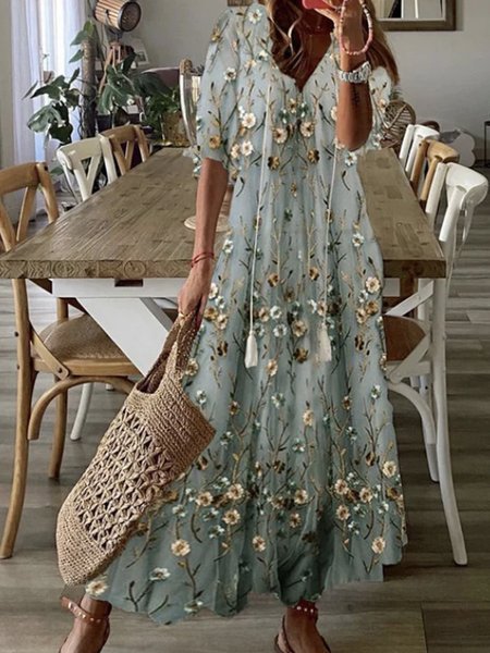 

Women Floral V Neck Half Sleeve Comfy Casual Maxi Dress, Blue, Dresses