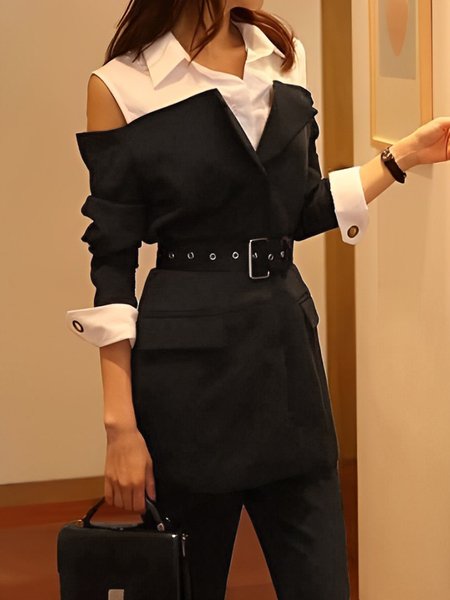 

Urban Color Block Off Shoulder Sleeve Blazer With Belt, Black-white, Blazers