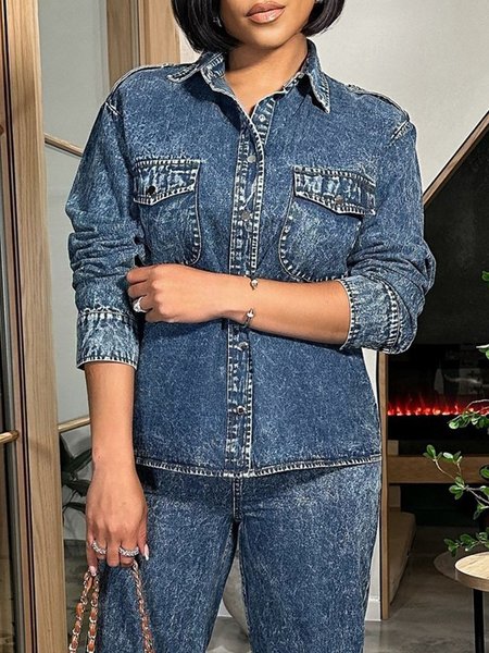 

Daily Pocket Casual Denim Long Sleeve Shirt, Denim blue, Blouses and Shirts