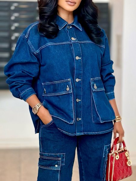 

Shirt Collar Denim Loose Casual Pockets Coat, Blue, Jackets