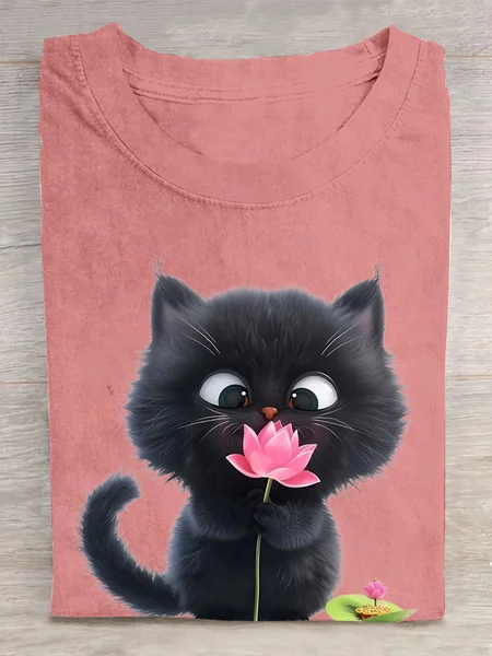 

Crew Neck Cat Cotton Casual T-Shirt, Orange pink, T-shirts