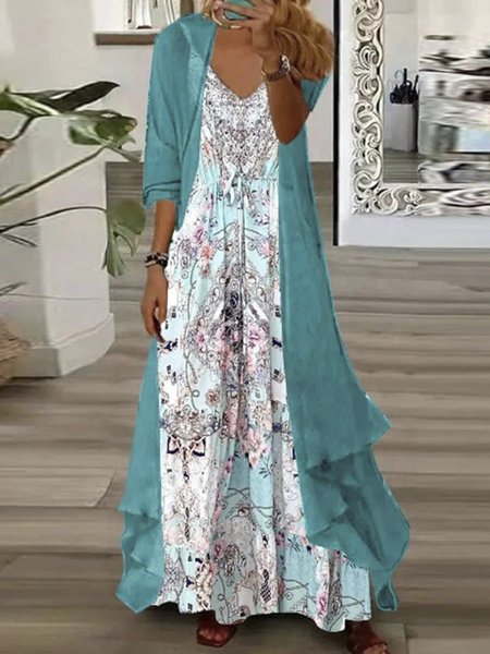 

Women Floral V Neck Long Sleeve Comfy Casual Coat With Skirt Two-Piece Set, Color3, Maxi