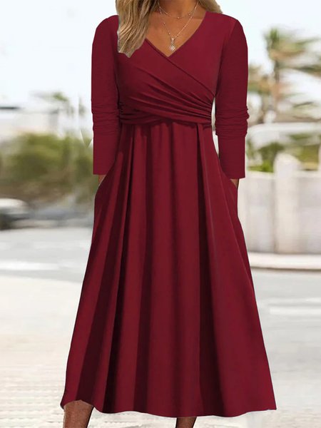 

Women Plain Cross Neck Long Sleeve Comfy Casual Midi Dress, Wine red, Maxi