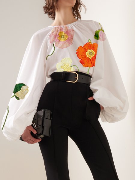 

Floral Printing Balloon Sleeve Crew Neck Urban Blouse, White, Blouses and Shirts